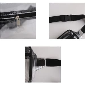 A clear fanny pack featuring a zip closure, adjustable black strap, and multiple angles highlighting its design.