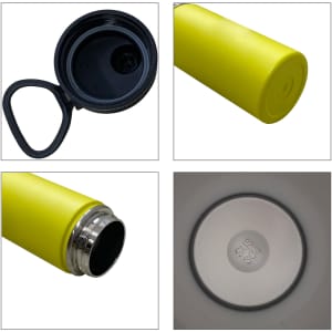 A drink bottle featuring a bright yellow outer shell, stainless steel interior, double-wall insulation, and a black carry handle.