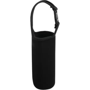 A drink bottle carrier pouch in black, featuring a handle and a fitted design. It includes a logo.
