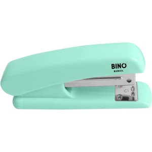 A mint green stapler with a silver clipping mechanism and a logo on the side.