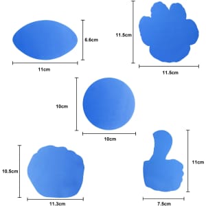 A collection of five blue foam mitt shapes in various designs, each with specified dimensions.