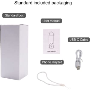 A standard box containing a user manual, USB-C cable, and a phone lanyard, all in a white packaging.