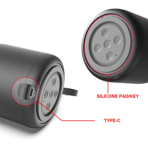 A portable black waterproof Bluetooth speaker featuring a silicone pad and Type-C charging port, with control buttons on top.