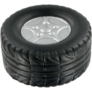 A black rubber stress reliever shaped like a tyre, with a silver wheel rim design on top.