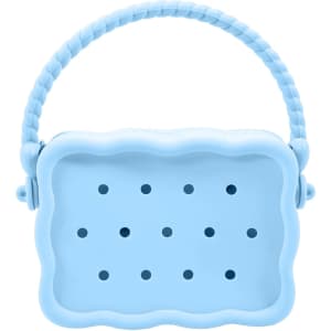 A light blue silicone bag with a textured surface and holes, featuring a braided handle.