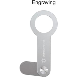 A silver aluminium magnetic phone holder for a laptop with a circular holder and an engraving section.