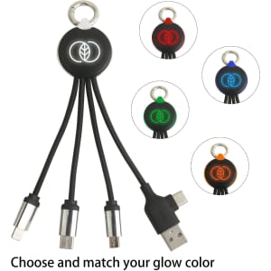Round shaped, multi-charging cable in black with glowing accents. Includes multiple connectors and a keyring attachment.
