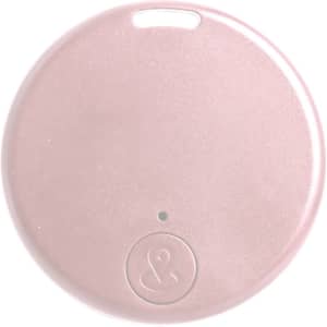 A pink anti-loss smart tag with a circular design and a small indicator light, featuring a logo on the front.