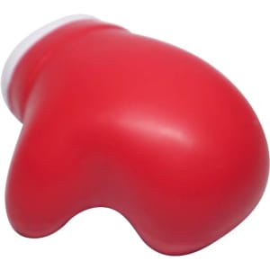A red boxing glove-shaped stress reliever with a smooth finish and a white cuff. It features a logo.
