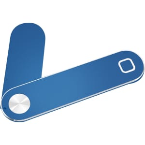 A blue laptop extension arm with two adjustable sections and a circular attachment point.