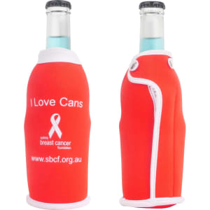 A drink bottle cooler in red with a white trim and a logo, designed for standard beverage bottles.