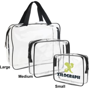 A clear toiletry bag set in varying sizes—large, medium, and small—with black trim and handles.