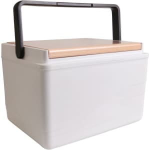 A cooler box in white with a wooden lid and a black handle. It features a simple, modern design.