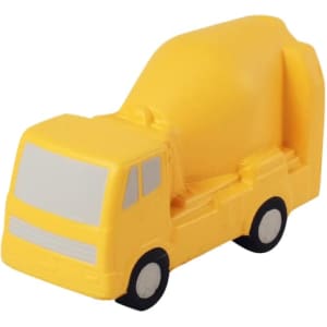 A yellow cement mixer car-shaped stress reliever with black wheels and a smooth finish. It features a logo on it.