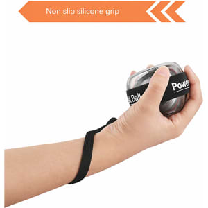 A transparent wrist ball with a non-slip silicone grip, held in a hand, featuring a black strap.