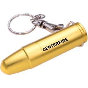 A gold, bullet-shaped flash drive attached to a keychain, featuring a small logo.