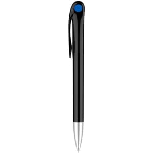 A plastic pen with a black barrel and a blue button. It features a silver nib and has a branded logo.