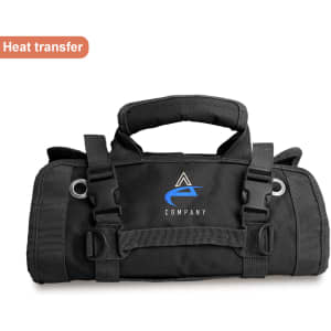 A black roll-up tool bag with a handle and adjustable straps, featuring a branding logo.