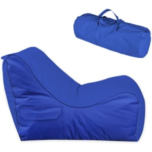 A blue outdoor chair with a curved design, accompanied by a rolled carry bag in the same colour.