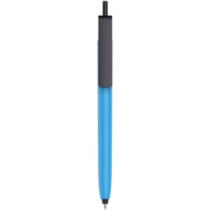 A push button pen with a blue barrel and black cap, featuring a logo on the barrel.