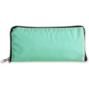 A mint green foldable tote bag with a zip closure, featuring a black trim and a logo.