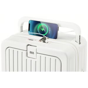 A white hardside suitcase with a smartphone charging on top, featuring a handle and a logo.