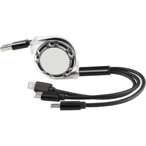 A retractable charging cable in black and silver with multiple connections: USB, Lightning, and USB-C.