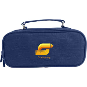 A navy pencil case with compartments and a handle, featuring a logo in the centre.