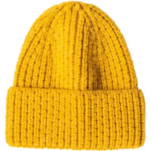 A twisted cable cuffed beanie in vibrant yellow with a textured knit design and a folded cuff.