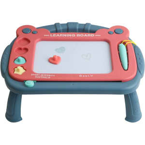 A magnetic drawing board with a teal and pink design, featuring a stand and a stylus, along with various shapes.
