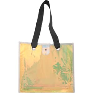 An iridescent clear tote bag with black handles, featuring a sleek, shiny finish and a simple fastening.