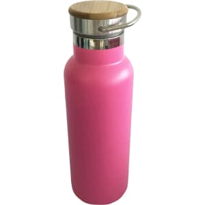 A drink bottle featuring a vibrant pink body, stainless steel and bamboo lid, with a metal handle.