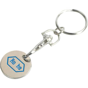 A silver enamel trolley coin keyring featuring a blue logo and a sturdy clip for attachment.