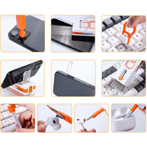 An 11-in-1 cleaning kit in white and orange, including various tools for cleaning electronics like phones and keyboards.