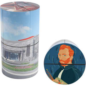 A 3D Flips Cylinder Magic Cube featuring vibrant designs, including a building and an artistic portrait. It has a logo.