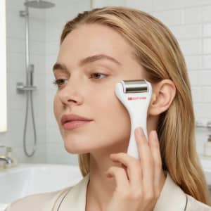 A woman with long hair uses a white ice roller on her face in a bright bathroom setting. The product has a logo.