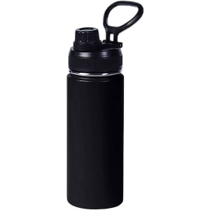 A drink bottle in black stainless steel with a double wall vacuum design and a carry handle. Features a logo on the body.