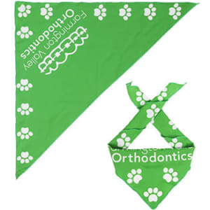 A green triangle pet bandana featuring white paw print patterns and a logo.