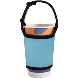 A drink bottle sleeve in light blue, with a black strap, encasing a paper cup featuring colourful patterns.