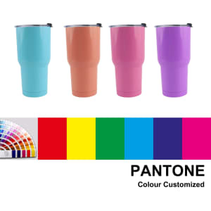 A drink bottle featuring four 30oz double wall stainless steel tumblers in turquoise, coral, pink, and purple, with a colour chart below.