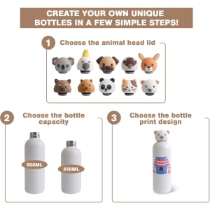 A drink bottle collection featuring various animal head lids, available in two sizes, 500ml and 350ml, with a logo.