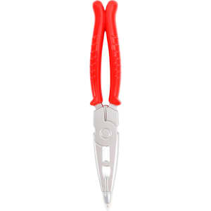A plier-shaped ballpoint pen with red rubber grips and metallic details, featuring a logo.