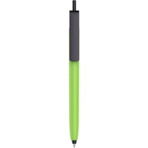A green barrel pen with a black cap, featuring a push button mechanism. Includes a branding logo.