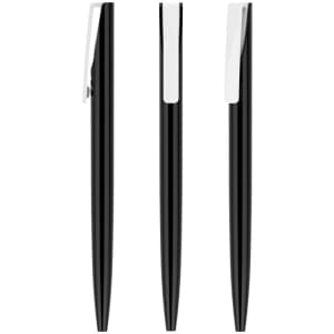 A set of black plastic pens with clips, featuring a sleek and simple design. The product has a logo branding.