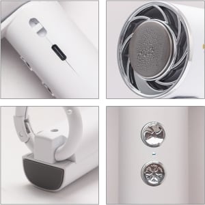 A white personal cooling fan featuring a sleek design, adjustable handle, and control buttons. It has a logo on the body.