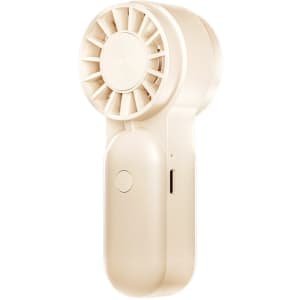 A mini portable handheld fan in a soft beige colour with a circular grille and an ergonomic handle.