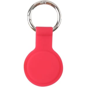 A red silicone protective case for an AirTag, featuring a metal keyring attachment.