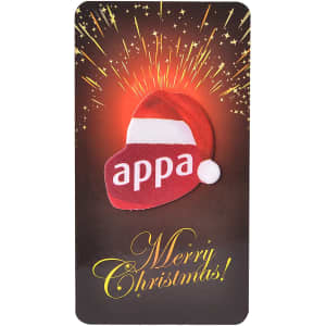 A promotional card featuring a Santa hat design, with festive graphics and a logo. The background has sparkles.