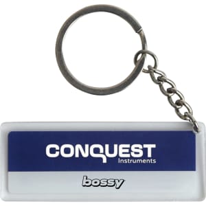 A custom shape acrylic keyring in blue and white with a metal keychain, featuring a logo.