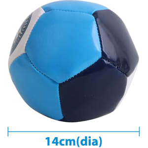 A mini soccer ball in blue and navy, measuring 14 cm in diameter, featuring a logo.